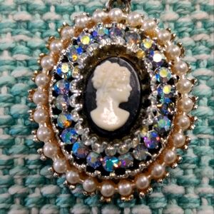 Vintage Rhinestone and Pearl Cameo Pendant